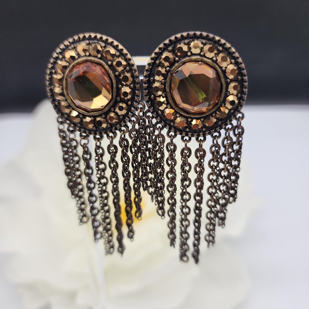 Heidi Klum Rose Gold Drop Dangle Tassel Rhinestone Clip on Earrings